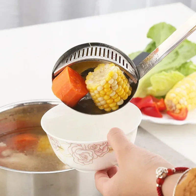 Dual-use Soup Spoon Long Handle Stainless Steel Soup Ladle with Removable Filter Cooking Colander Utensils Scoop Kitchen Items