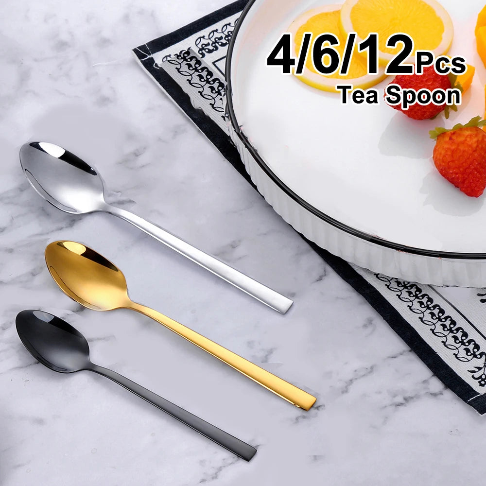 4/6/12 Pieces Stainless Steel Tea Spoon Black Stirring Spoon Ice Cream Cake Sliver Spoons Set Rose Gold Cutlery Mirror Tableware
