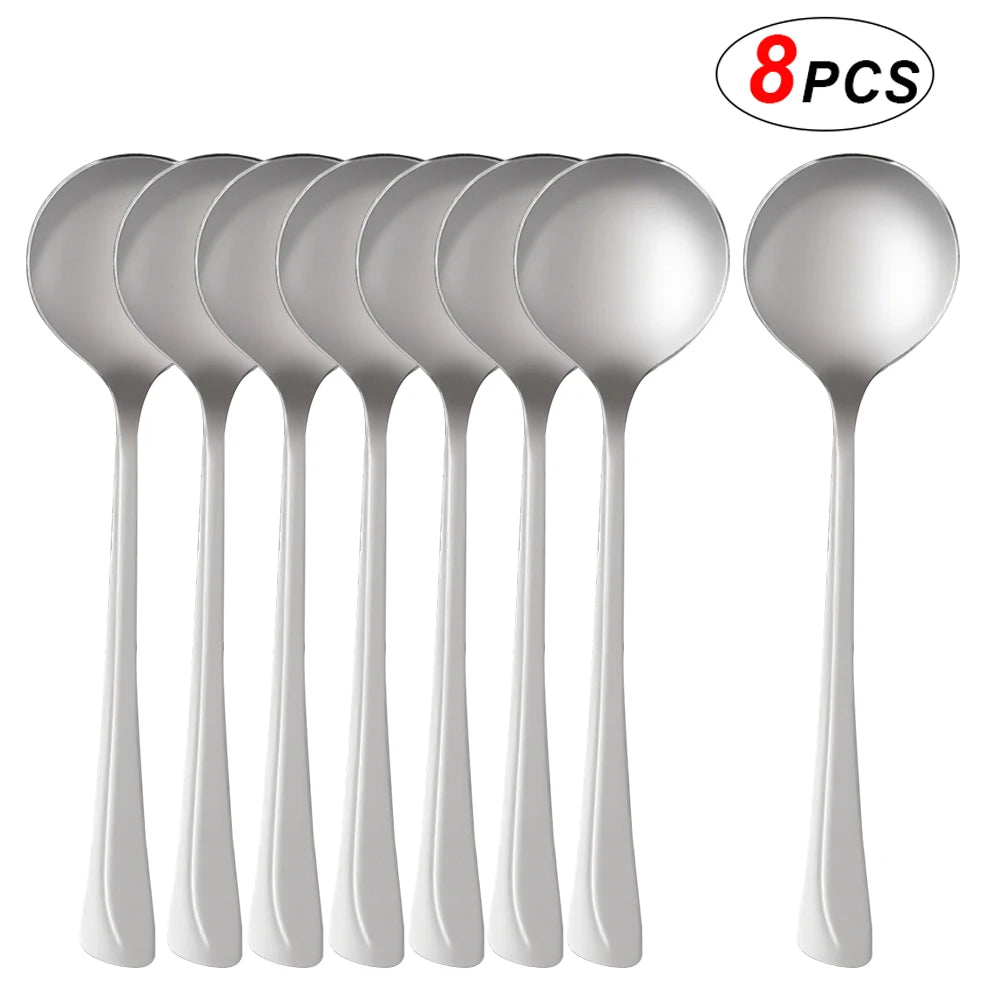 8PCS Korean-Style Long-Handled Spoon cutlery, Stainless Steel Household Rice Mixing Spoon, Dishwasher Safety for Party Camping