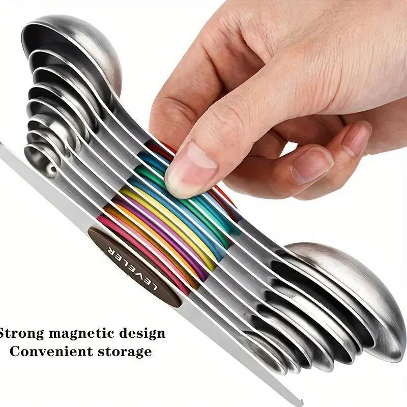 Stainless Steel Double Headed Measuring Spoon 9-piece Set with Magnetic Suction and Scale Measuring Spoon Baking Tool