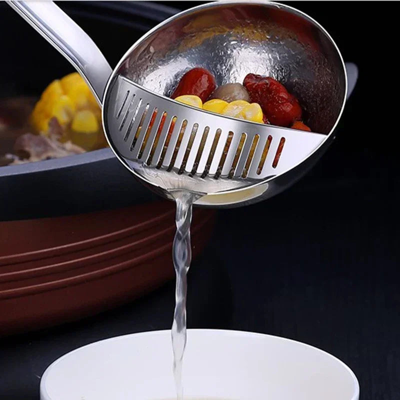 Dual-use Soup Spoon Long Handle Stainless Steel Soup Ladle with Removable Filter Cooking Colander Utensils Scoop Kitchen Items