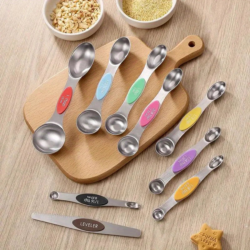 Stainless Steel Double Headed Measuring Spoon 9-piece Set with Magnetic Suction and Scale Measuring Spoon Baking Tool