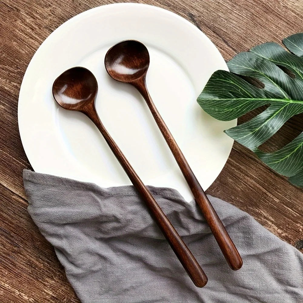 Long Handle Spoon Natural Wooden Soup Round Scoops Dessert Porridge Tea Coffee Wood Cooking Spoons Tableware Kitchen Supplies